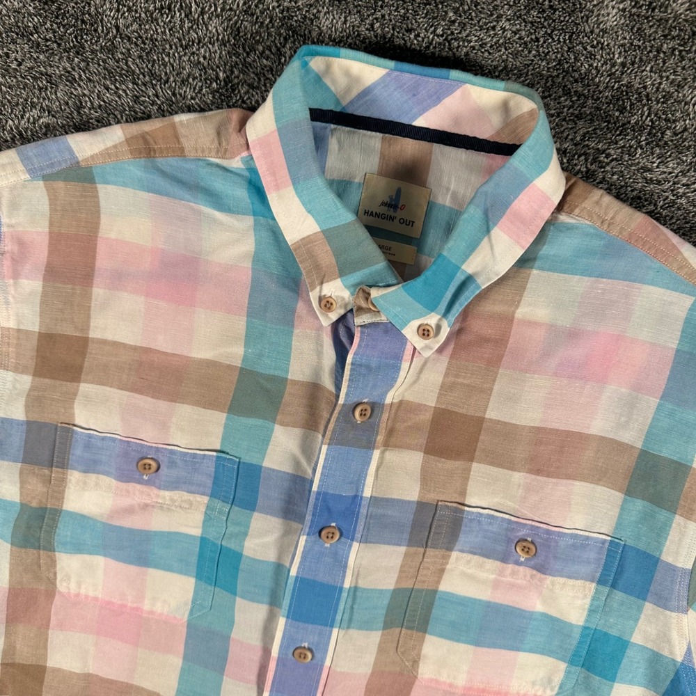 Johnnie-O Shirt Mens Large Hangin Out Multi Color Linen Button Down Plaid Short